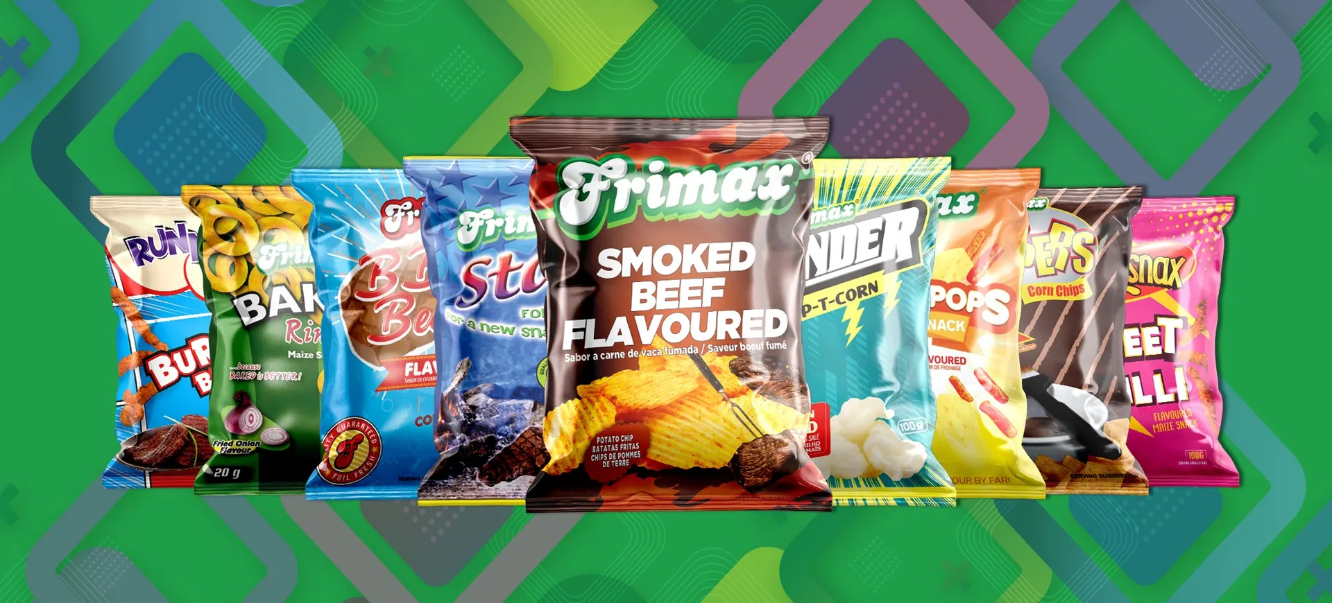 Frimax snack range on a green patterned background
